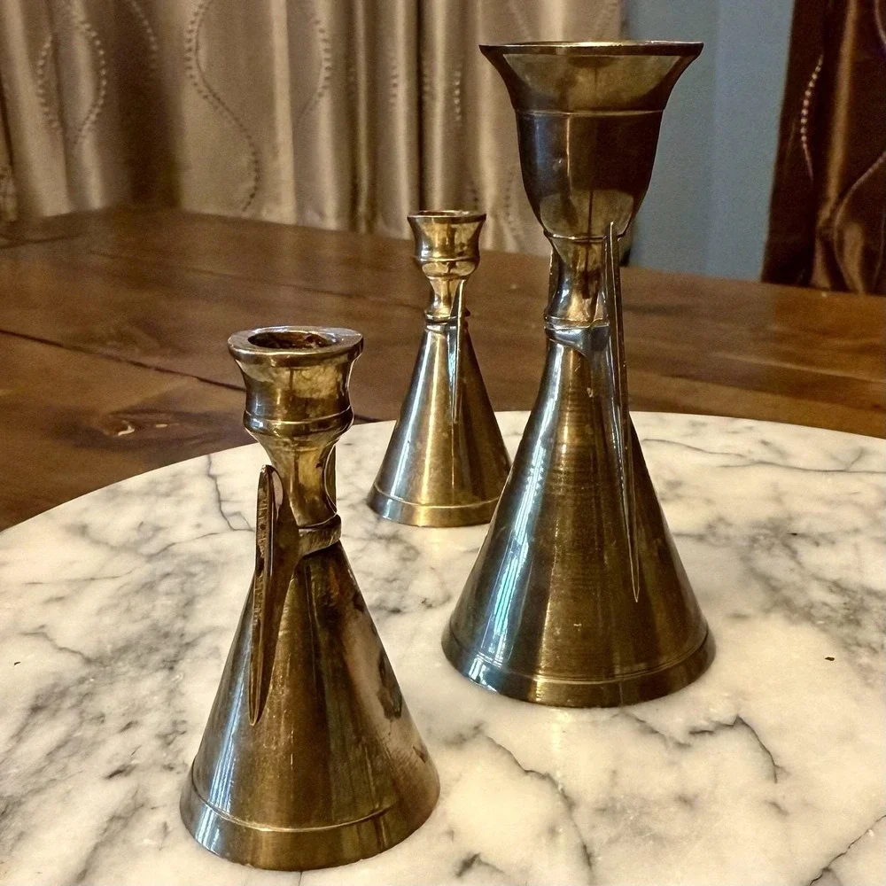 3 VTG Brass Angel Candlesticks Holder Candle Snuffer 4